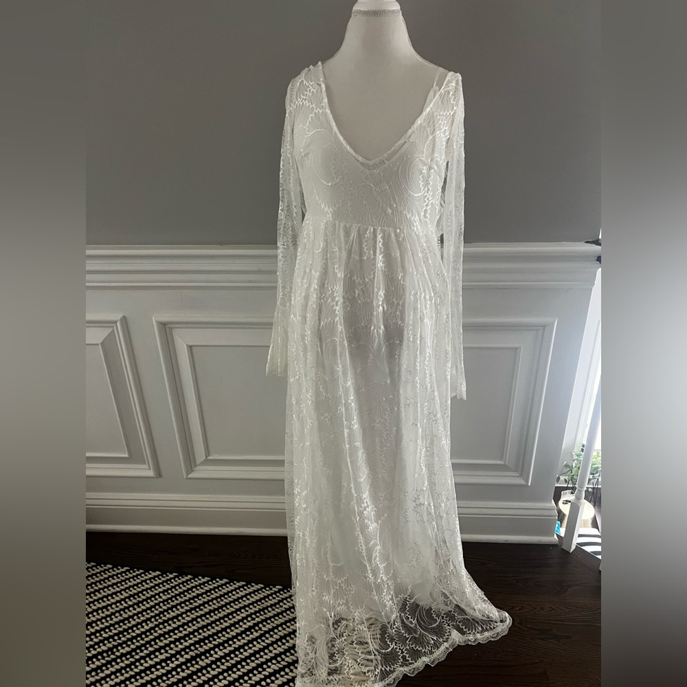 BN White lace gown with bell sleeves